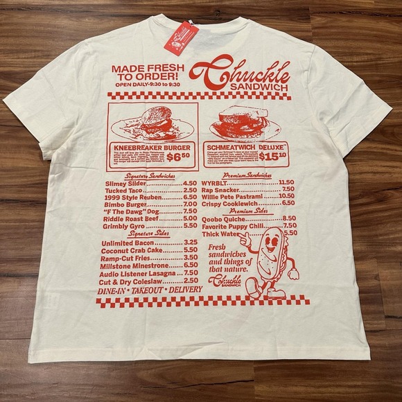 Chuckle Sandwich Other - Chuckle Sandwich Shirt Mens 2XL White Menu Graphic Tee Podcast Food Burger
